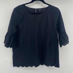 Ann Taylor Factory Blouse Womens L Black Eyelet Scalloped Bell Sleeve Cotton Top
